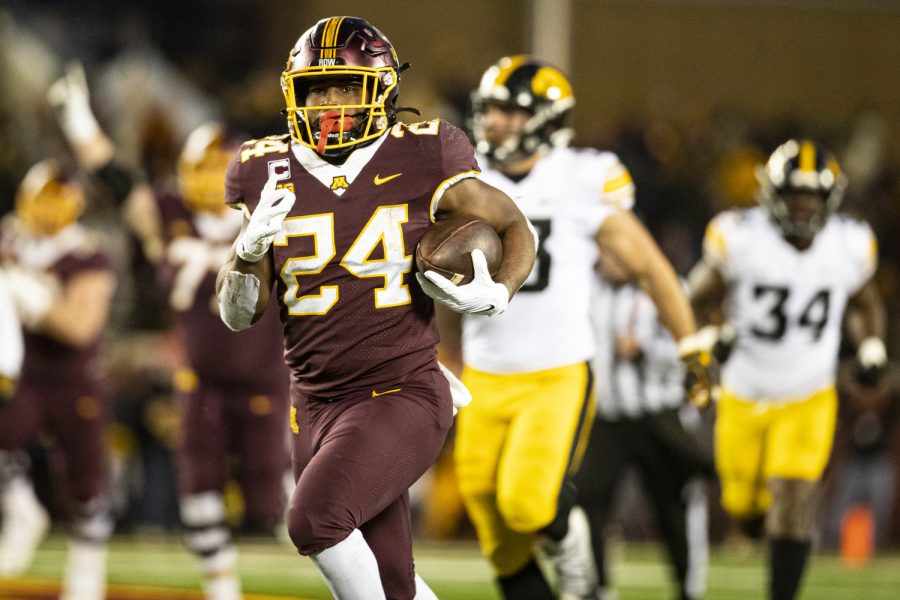Minnesota running back Mohamed Ibrahim carries the ball during a football game between Iowa and Minnesota at Huntington Bank Stadium in Minneapolis on Saturday, Nov. 19, 2022. Ibrahim carried the ball 39 times for 263 yards. The Hawkeyes defeated the Gophers, 13-10.
