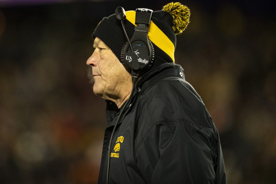 Iowa head coach Kirk Ferentz walks down the sideline during a football game between Iowa and Minnesota at Huntington Bank Stadium in Minneapolis on Saturday, Nov. 19, 2022. The Hawkeyes defeated the Gophers, 13-10. (Jerod Ringwald/The Daily Iowan)