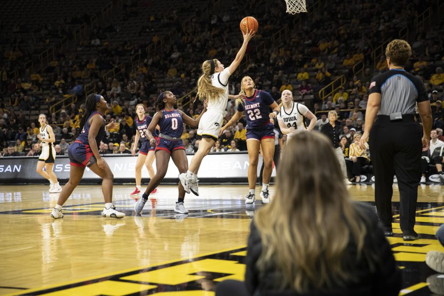 Iowa guard Molly Davis attempts a layup during a women’s basketball game between Iowa and Belmont University at Carver-Hawkeye Arena in Iowa City on Sunday, Nov. 20, 2022. The Hawkeyes defeated the Bruins, 73-62. 