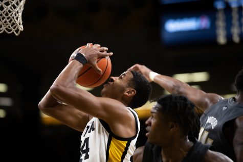 Iowa forward Kris Murray jumps for a layup during a basketball game between Iowa and Georgia Tech at Carver-Hawkeye Arena on Tuesday, Nov. 29, 2022. The Hawkeyes defeated the Yellow Jackets, 81-65.