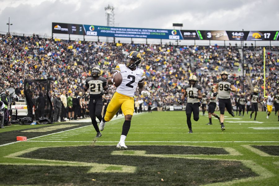 Iowa running back Kaleb Johnson (2) scores a touchdown during a football game between Iowa and Purdue at Ross–Ade Stadium in West Lafayette, Ind., on Saturday, Nov. 5, 2022. The Hawkeyes defeated the Boilermakers, 24-3.