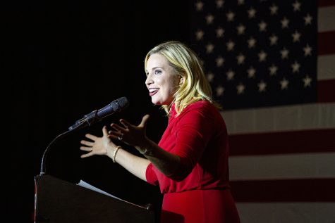 U.S. Rep. Ashley Hinson, R-Iowa, speaks to reporters during a watch party for the 2022 Iowa midterm elections at Spare Time in Cedar Rapids, Iowa, on Tuesday, Nov. 8, 2022. Hinson is up for reelection for her seat in the house against state Sen. Liz Mathis, D-Hiawatha. 