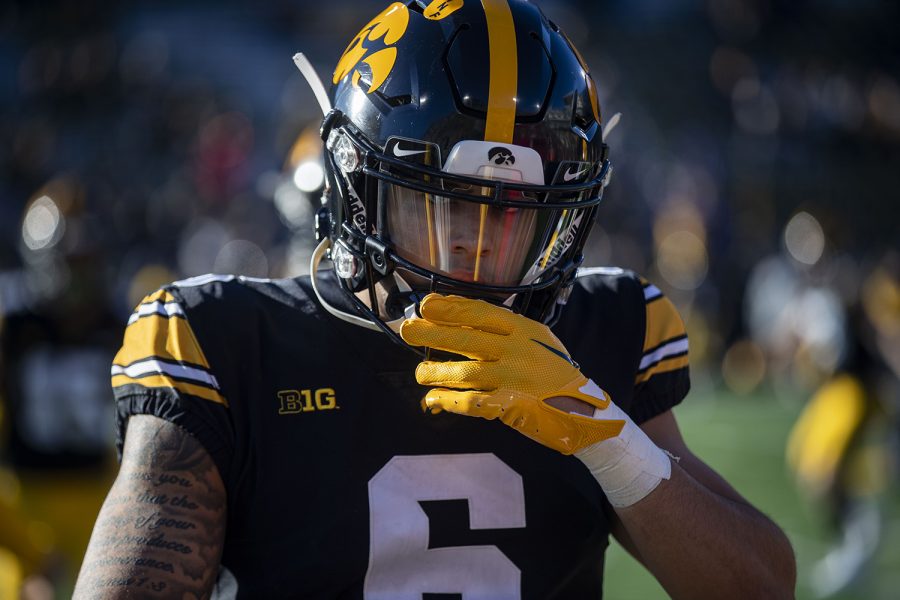 Iowa wide receiver Keagan Johnson warms up before a football game between Iowa and Nebraska at Kinnick Stadium on Friday, Nov. 25, 2022. Johnson was out for a majority of the season due to injury.