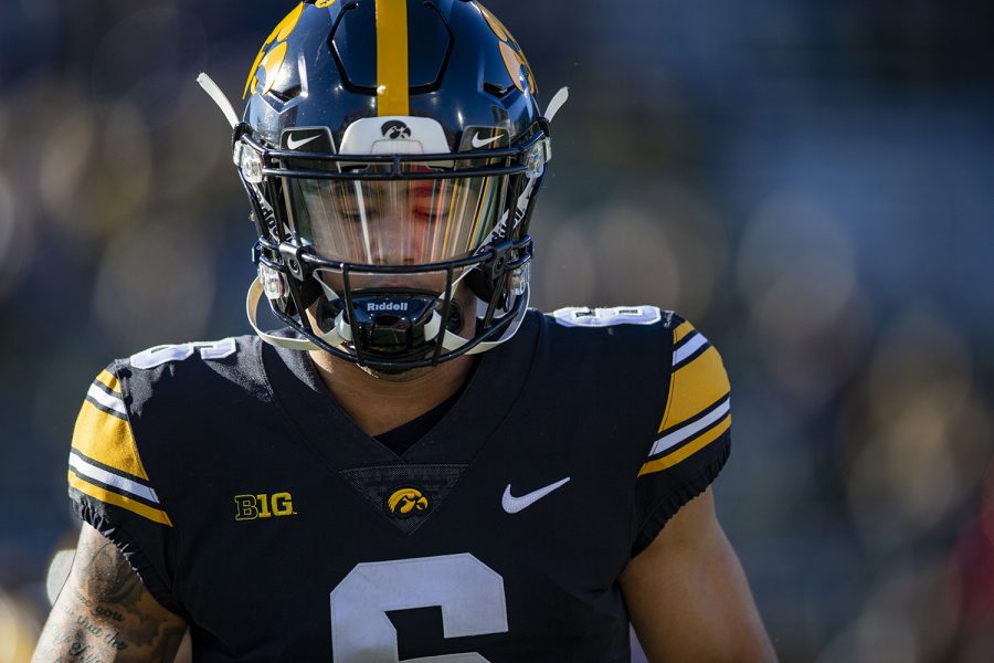 Iowa wide receiver Keagan Johnson warms up before a football game between Iowa and Nebraska at Kinnick Stadium on Friday, Nov. 25, 2022. Johnson was out for a majority of the season due to injury. 