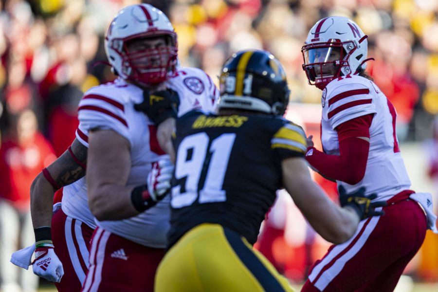 Nebraska quarterback Casey Thompson prepares to throw the ball during a football game between Iowa and Nebraska at Kinnick Stadium on Friday, Nov. 25, 2022. The Huskers lead the Hawkeyes at halftime, 17-0. (Ayrton Breckenridge/The Daily Iowan)