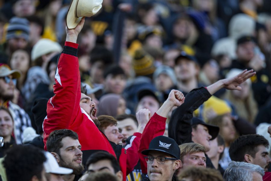 A Nebraska fan yells during a football game between Iowa and Nebraska at Kinnick Stadium on Friday, Nov. 25, 2022. The Huskers lead the Hawkeyes at halftime, 17-0. (Ayrton Breckenridge/The Daily Iowan)