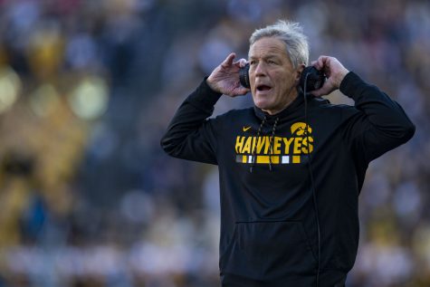 Iowa head coach Kirk Ferentz talks to referees nearby during a football game between Iowa and Nebraska at Kinnick Stadium on Friday, Nov. 25, 2022. The Huskers defeated the Hawkeyes, 24-17. 