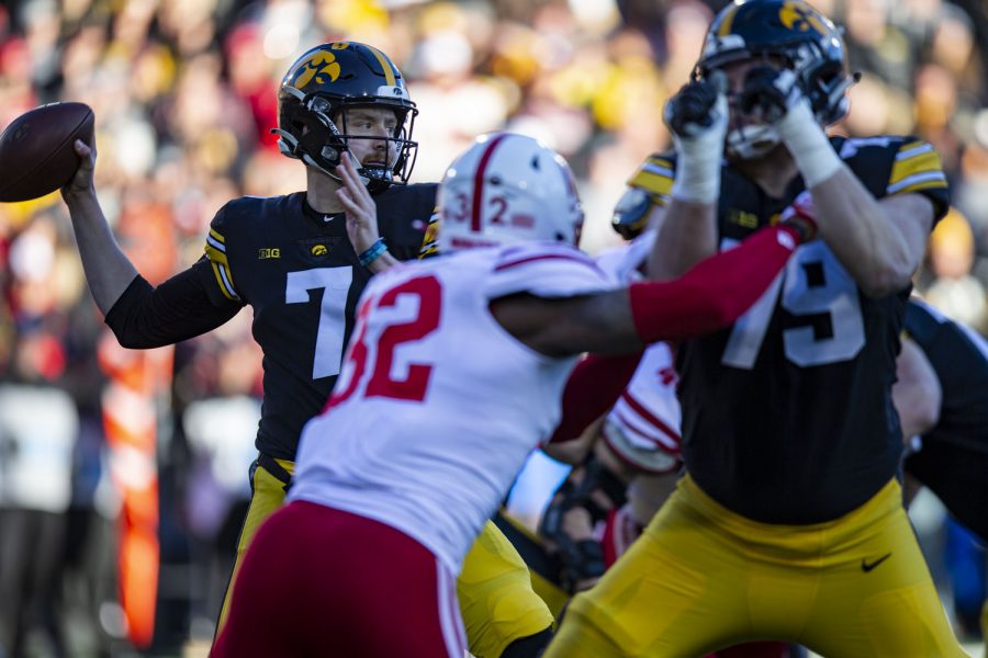 Iowa quarterback Spencer Petras prepares the throw the ball during a football game between Iowa and Nebraska at Kinnick Stadium on Friday, Nov. 25, 2022. Petras had nine passing yards before leaving the during the first quarter for a suspected injury. The Huskers lead the Hawkeyes at halftime, 17-0.