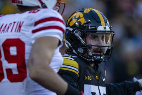 Iowa defensive back Riley Moss signals an incompletion during a football game between Iowa and Nebraska at Kinnick Stadium on Friday, Nov. 25, 2022. Moss had four total tackles. The Huskers lead the Hawkeyes at halftime, 17-0.