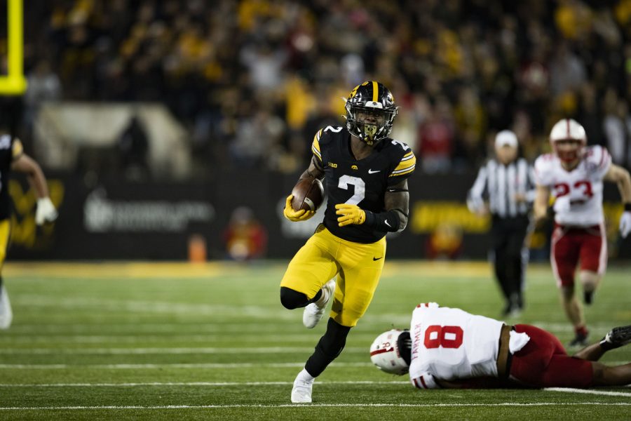 Iowa running back Kaleb Johnson runs for a touchdown during a football game between Iowa and the Nebraska at Kinnick Stadium on November 25, 2022. Johnson had 109 rushing yards and one touchdown. The Cornhuskers defeated the Hawkeyes, 24-17.