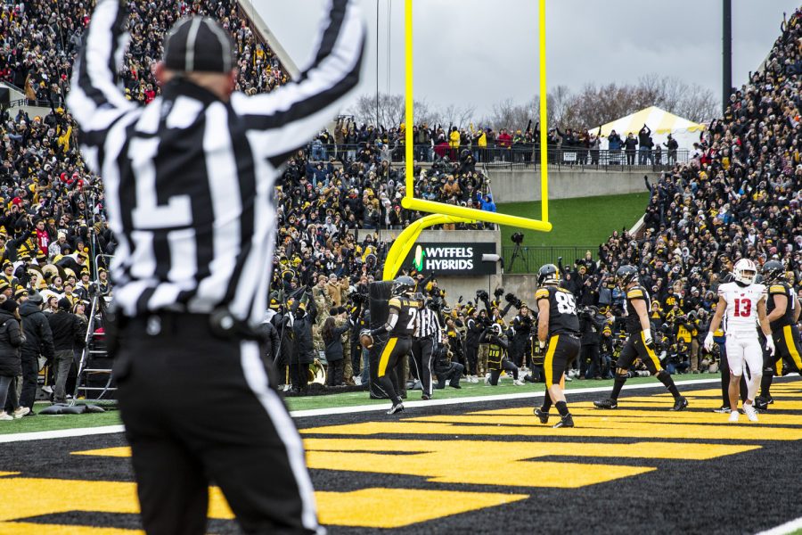 Iowa running back Kaleb Johnson runs into the end zone for a touchdown during a football game between Iowa and Wisconsin at Kinnick Stadium in Iowa City on Saturday, Nov. 12, 2022.