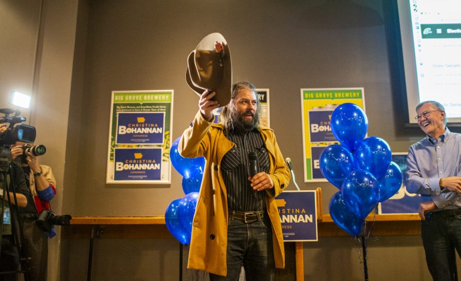 Johnson County Board of Supervisors seat Jon Green gives a speech during a watch party on Election Day at Big Grove Brewery &amp; Taproom in Iowa City, on Tuesday, Nov. 8, 2022. 