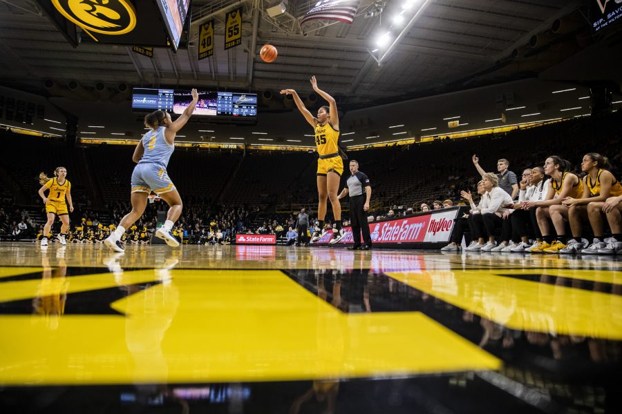 Iowa forward Hannah Stuelke shoots a 3-pointer during a women’s basketball game between Iowa and Southern University at Carver-Hawkeye Arena in Iowa City on Monday, Nov. 7, 2022. Stuelke scored 10 points and played for 14 minutes and 27 seconds. The Hawkeyes defeated the Jaguars, 87-34. 