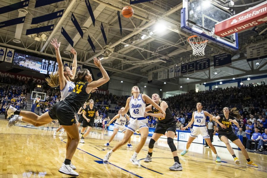 Iowa guard Gabbie Marshall goes up for a shot during a basketball game between Iowa and Drake at the Knapp Center in Des Moines, Iowa, on Sunday, Nov. 13, 2022. 