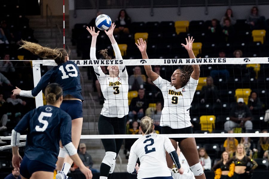 Iowa outside hitter Michelle Urquhart spikes the ball during a volleyball match between Iowa and Penn State at Xtream Arena in Coralville on Friday, October 15, 2022. The Nittany Lions defeated the Hawkeyes, 3-2.