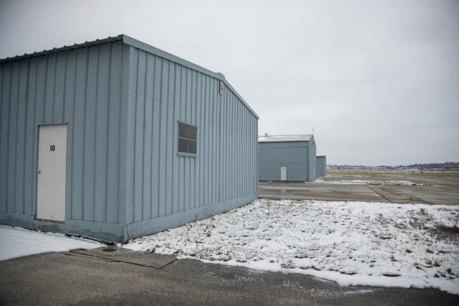 The hangars, on one of which where the mural will be painted, on Wednesday, Nov. 16, 2022, at the Iowa City Airport. 