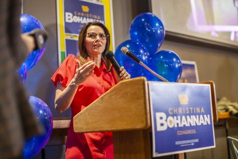 Democratic candidate in Iowa’s 1st Congressional District, Christina Bohannan, speaks during a watch party on Election Day at Big Grove Brewery & Taproom in Iowa City, on Tuesday, Nov. 8, 2022.