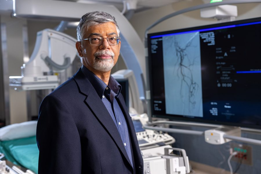 Dr. Sandeep Laroia, a practicing interventional radiologist, photographed in an IR suite on Friday, Oct. 7, 2022. Laroia is leading a group of researchers that recently earned a National Science Foundation Phase I grant to develop an artificial intelligence system that could assist with some interventional radiology procedures.