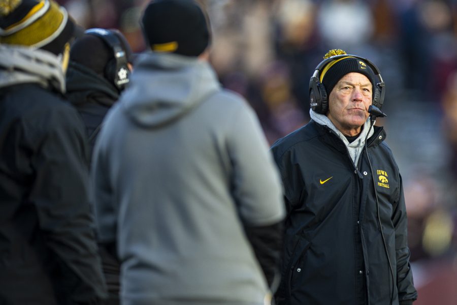 Iowa head coach Kirk Ferentz watches the scoreboard during a football game between Iowa and Minnesota at Huntington Bank Stadium in Minneapolis on Saturday, Nov. 19, 2022. (Jerod Ringwald/The Daily Iowan)