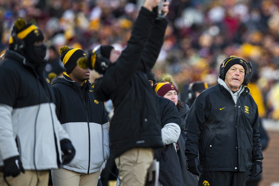 Iowa head coach Kirk Ferentz watches the scoreboard during a football game between Iowa and Minnesota at Huntington Bank Stadium in Minneapolis on Saturday, Nov. 19, 2022. (Jerod Ringwald/The Daily Iowan)