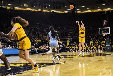 Iowa guard Kate Martin shoots a 3-pointer during a women’s basketball game between Iowa and Southern University at Carver-Hawkeye Arena in Iowa City on Monday, Nov. 7, 2022. The Hawkeyes defeated the Jaguars, 87-34.