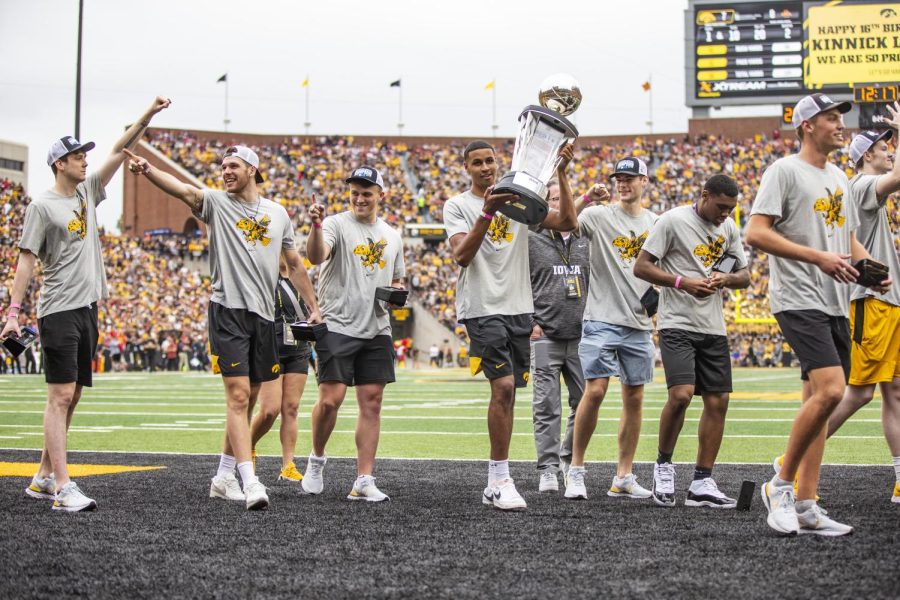 The 2022-23 Iowa men’s basketball team gets introduced during a football game between Iowa and Iowa State at Kinnick Stadium on Saturday, Sept. 10, 2022. The Cyclones ended a six-game Cy-Hawk series losing streak defeating Iowa, 10-7.
