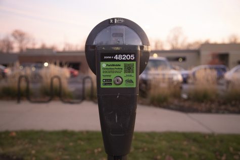A new ParkMobile meter stand by the road, on Monday, Nov. 7, 2022, nearby the Campus Recreation & Wellness Center.