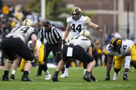 Iowa linebacker Seth Benson (44) directs the defense during a football game between Iowa and Purdue at Ross-Ade Stadium in West Lafayette, Ind., on Saturday, Nov. 5, 2022. The Hawkeyes defeated the Boilermakers, 24-3. 