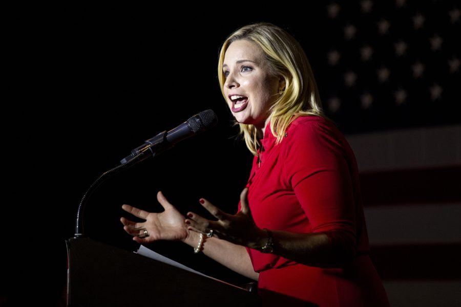 U.S. Rep. Ashley Hinson, R-Iowa, speaks to supporters during a watch party for the 2022 Iowa midterm elections at Spare Time in Cedar Rapids, Iowa, on Tuesday, Nov. 8, 2022. Hinson is up for reelection for her seat in the house against state Sen. Liz Mathis, D-Hiawatha. Because of redistricting, Hinson is now battling for Iowa’s 2nd Congressional District, previously she held the seat for the 1st Congressional District. Hinson announced her victory after Mathis conceded.