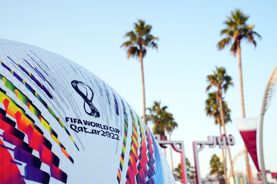 Nov 16, 2022; Doha, QATAR; A giant soccer ball sits on the Corniche Waterfront ahead of the 2022 FIFA World Cup. Mandatory Credit: Danielle Parhizkaran-USA TODAY Sports