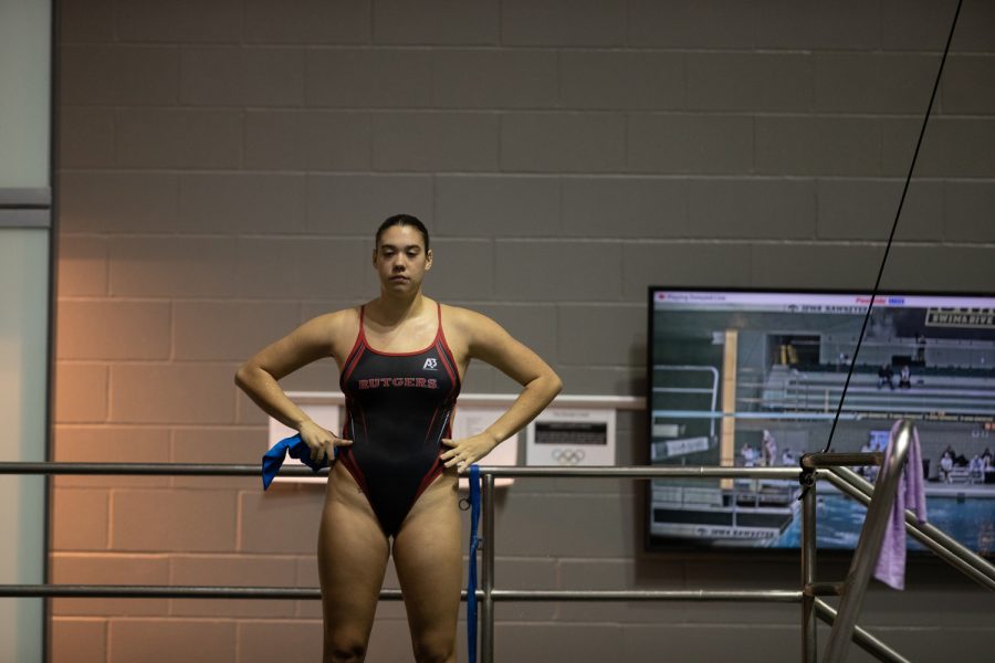 Rutgers Giulia Vittorioso stands near the diving board as prepares for final round of dives during day one of  2022 Hawkeye Innovational at the Campus Recreational and Wellness Center in Iowa City on Thursday, Dec. 1, 2022. Vittorioso came first overall in dives with a final score of 312.55. 