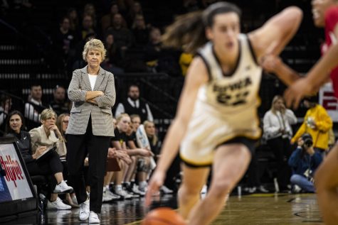 Iowa head coach Lisa Bluder observes action during a women’s basketball game between No. 10 Iowa and No. 12 NC State at Carver-Hawkeye Arena in Iowa City on Thursday, Dec. 1, 2022. Iowa shot 27-of-59 in field goals, compared to NC State’s 36-of-65. The Wolfpack defeated the Hawkeyes, 94-81. 