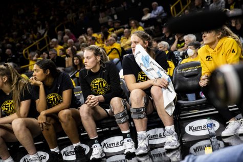 Iowa’s bench observes action during a women’s basketball game between No. 10 Iowa and No. 12 NC State at Carver-Hawkeye Arena in Iowa City on Thursday, Dec. 1, 2022. Iowa’s biggest lead came in the first quarter with eight points. The Wolfpack defeated the Hawkeyes, 94-81. 