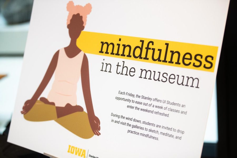 The sign for Mindfulness in the museum is seen at the Stanley Museum of Art, in Iowa City on Friday, Dec. 9, 2022. The event happens every Friday