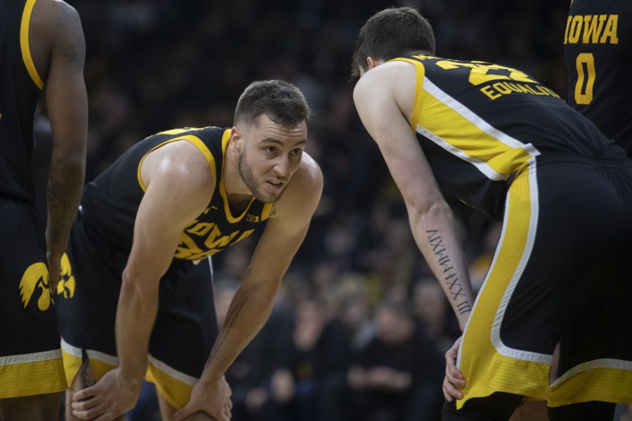 Iowa+guard+Connor+McCaffery+talks+to+Iowa+forward+Patrick+McCaffery+during+a+basketball+game+Iowa+and+Iowa+State+at+Carver-Hawkeye+Arena+in+Iowa+City+on+Dec.+8%2C+2022.+The+Hawkeyes+defeated+the+Cyclones%2C+75-56.