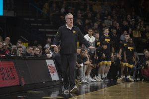 Iowa head coach Fran McCaffery reacts during a basketball game between Iowa and Iowa State at Carver-Hawkeye Arena in Iowa City on Dec. 8, 2022. The Hawkeyes defeated the Cyclones, 75-56.