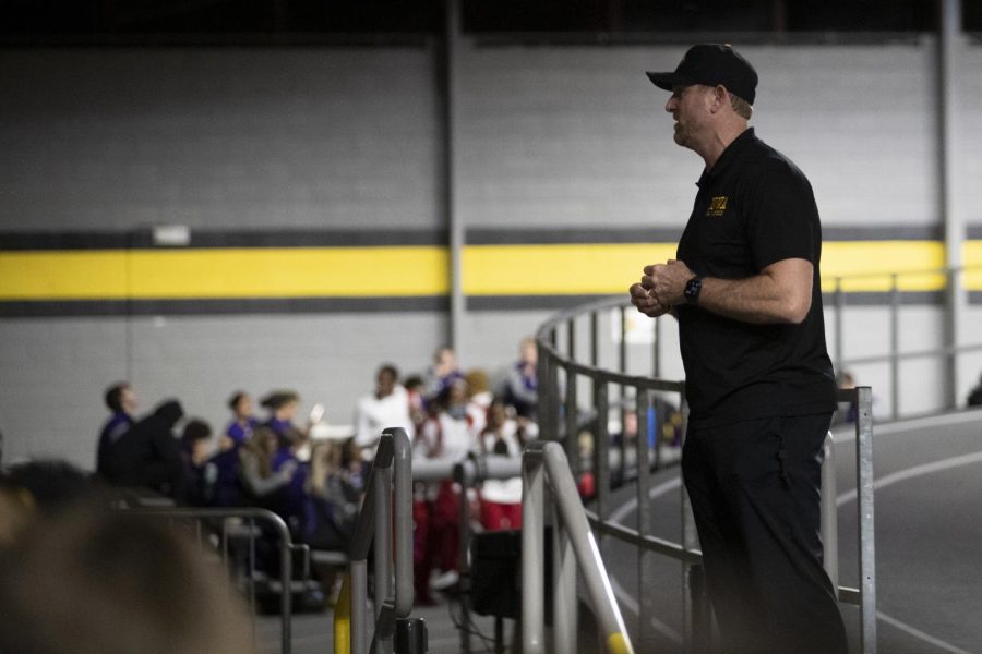 Iowa Director of Tack and Field and Cross Country Joey Woody looks on at the Jimmy Grant Invitational track meet at the the Hawkeye Indoor Track Facility in Iowa City on Saturday Dec. 10, 2022.