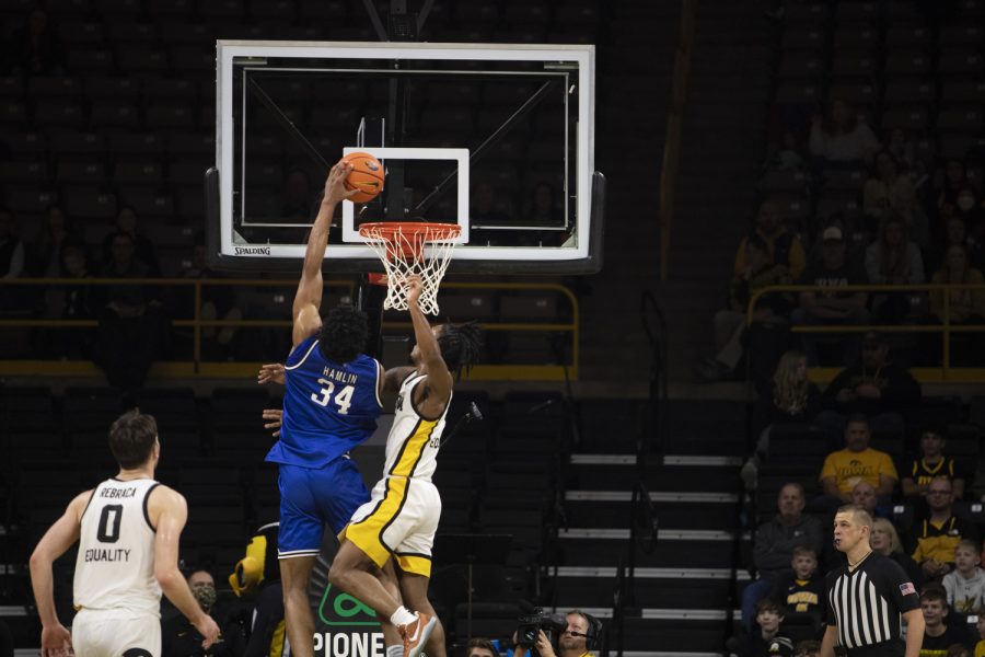 Eastern Illinois forward Jermaine Hamlin dunks the ball during a mens basketball game between Iowa and Eastern Illinois at Carver-Hawkeye Arena in Iowa City on Saturday, Dec. 21, 2022. The Panthers defeated the Hawkeyes, 92-83.