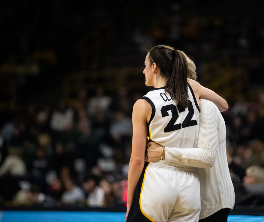 Iowa guard Caitlin Clark embraces head coach Lisa Bluder during a women’s basketball game between Iowa and Dartmouth at Carver-Hawkeyes Arena in Iowa City on Wednesday, Dec 21, 2022