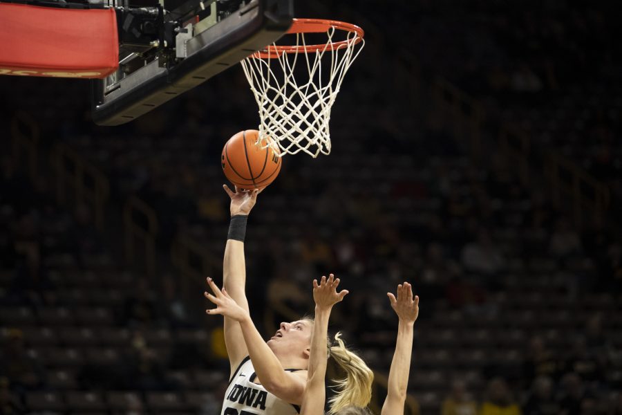 Iowa forward Monika Czinano goes for a layup during a women’s basketball game between Iowa and Dartmouth at Carver-Hawkeyes Arena in Iowa City on Wednesday, Dec 21, 2022. The Hawkeyes defeated the Big Green 92-54