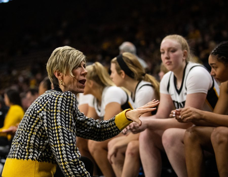 Iowa Associate Head Coach Jan Jenson talks to the team during a women’s basketball game between Iowa and Dartmouth at Carver-Hawkeyes Arena in Iowa City on Wednesday, Dec 21, 2022