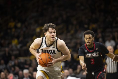 Iowa forward Filip Rebraca moves with the ball during a mens basketball game between Iowa and Southeast Missouri State at Carver-Hawkeye Arena in Iowa City on Saturday, Dec. 17, 2022. The Hawkeyes defeated the Redhawks, 106-75. (Darren Chen/The Daily Iowan)