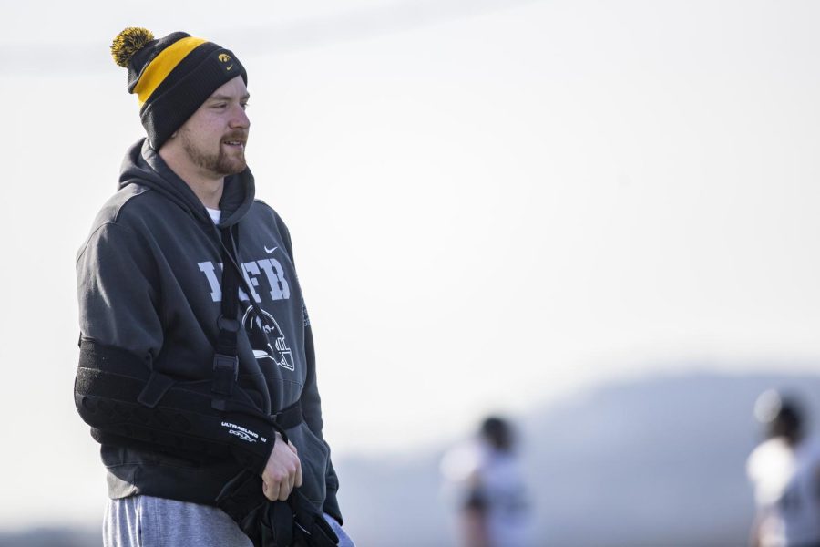 Iowa football quarterback Spencer Petras observes the Hawkeyes' Music City Bowl practice at Franklin Road Academy in Nashville on Dec. 29, 2022. Petras started all 12 of Iowa's regular season games this year and suffered a season-ending injury against Nebraska on Nov. 25.