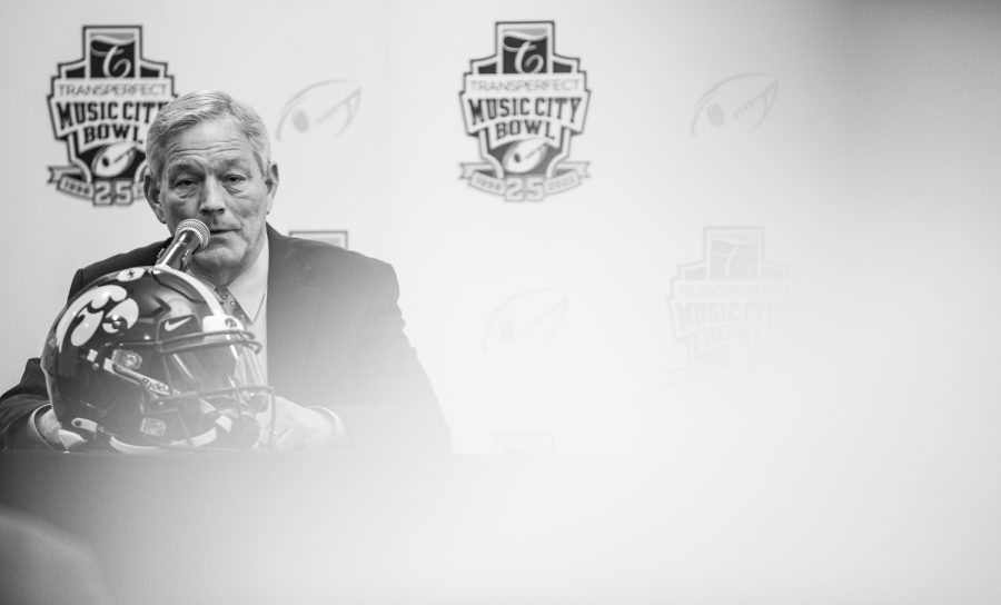 Iowa head coach Kirk Ferentz answers a question during a joint coaches press conference for the 2022 TransPerfect Music City Bowl at Gaylord Resort and Convention Center in Nashville on Friday, Dec. 30, 2022. During the press conference, reporters asked Ferentz about quarterback Joe Labas. “I’m not sure weve ever gone into a game where our one and twos are gone, not in the roster,” Ferentz said. “Fortunately we had an extended period here. I think the last two weeks Joe has really done a lot of good things. Seems like hes more comfortable. All that being said, its going to be his first play in college football…. Hes a competitor, hes tough. Im sure hes going to do a great job for us.” 