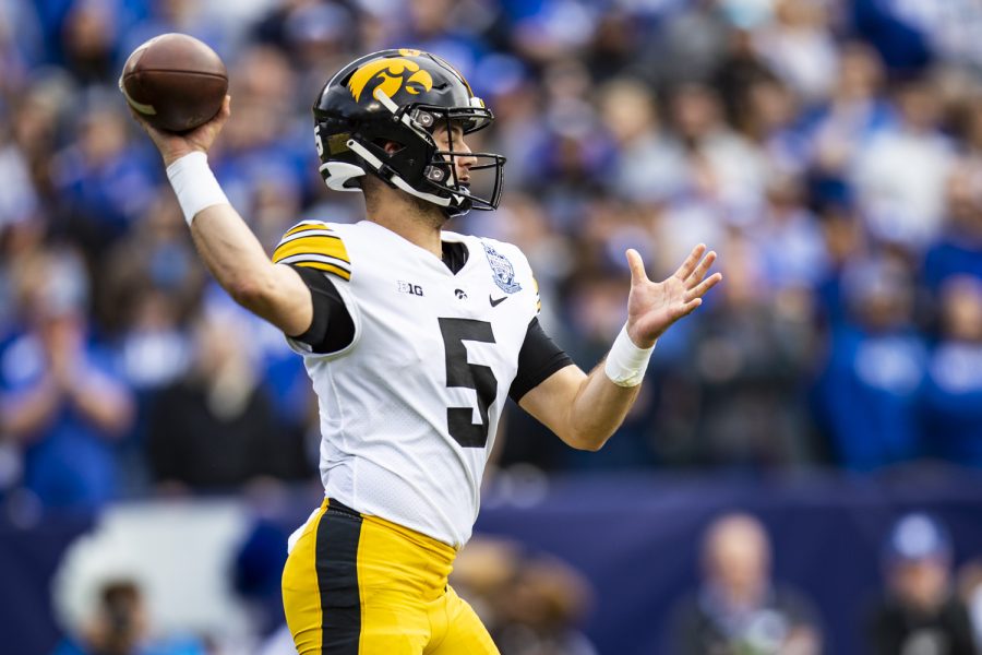 Iowa quarterback Joe Labas looks to pass during the 2022 TransPerfect Music City Bowl at Nissan Stadium in Nashville on Saturday, Dec. 31, 2022. (Grace Smith/The Daily Iowan)