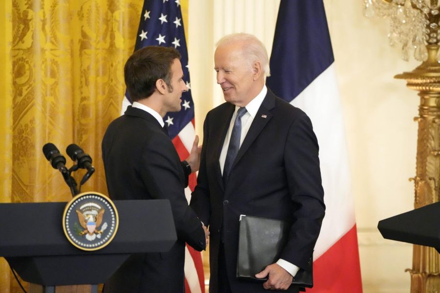 President Joe Biden and French President Emmanuel Macron shake hands at the conclusion of a joint press conference at the White House for a state visit. The Presidents of France and United States will meet about a variety of issues during the bilateral meetings. 