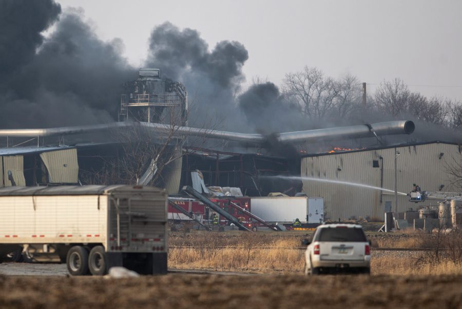Firefighters work to control a blaze at G60, a biofuel production plant, Thursday, Dec. 8, 2022, in Marengo, Iowa.