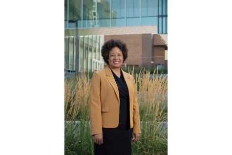 Harriet Nembhard, the then-new Dean of the UI College of Engineering, is photographed on the John Deere Plaza outside the new expansion to the Seamans Center.