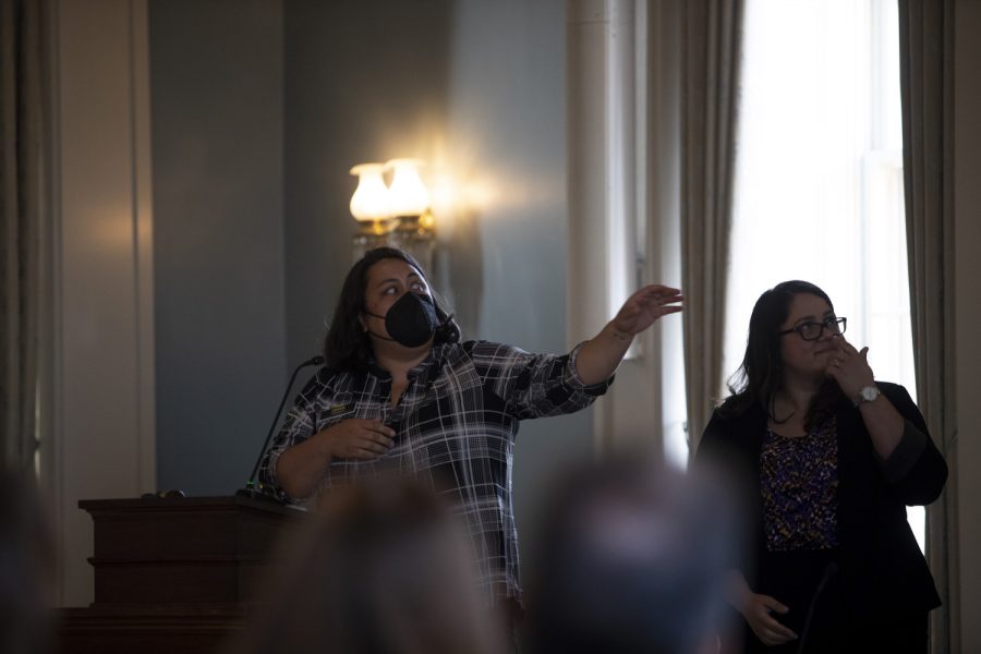 Anna Flaming, Director, Center for Teaching and Brianna Marcelo, Director, Inclusive Education and Strategic Initiatives speak at the Faculty Senate Meeting in the Old Capitol on Sept. 13, 2022.