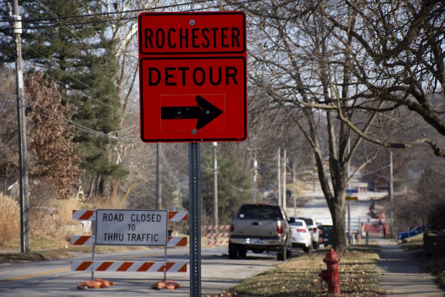 Construction road signs are seen on Rochester Ave in Iowa City Wednesday, Dec. 7, 2022. 